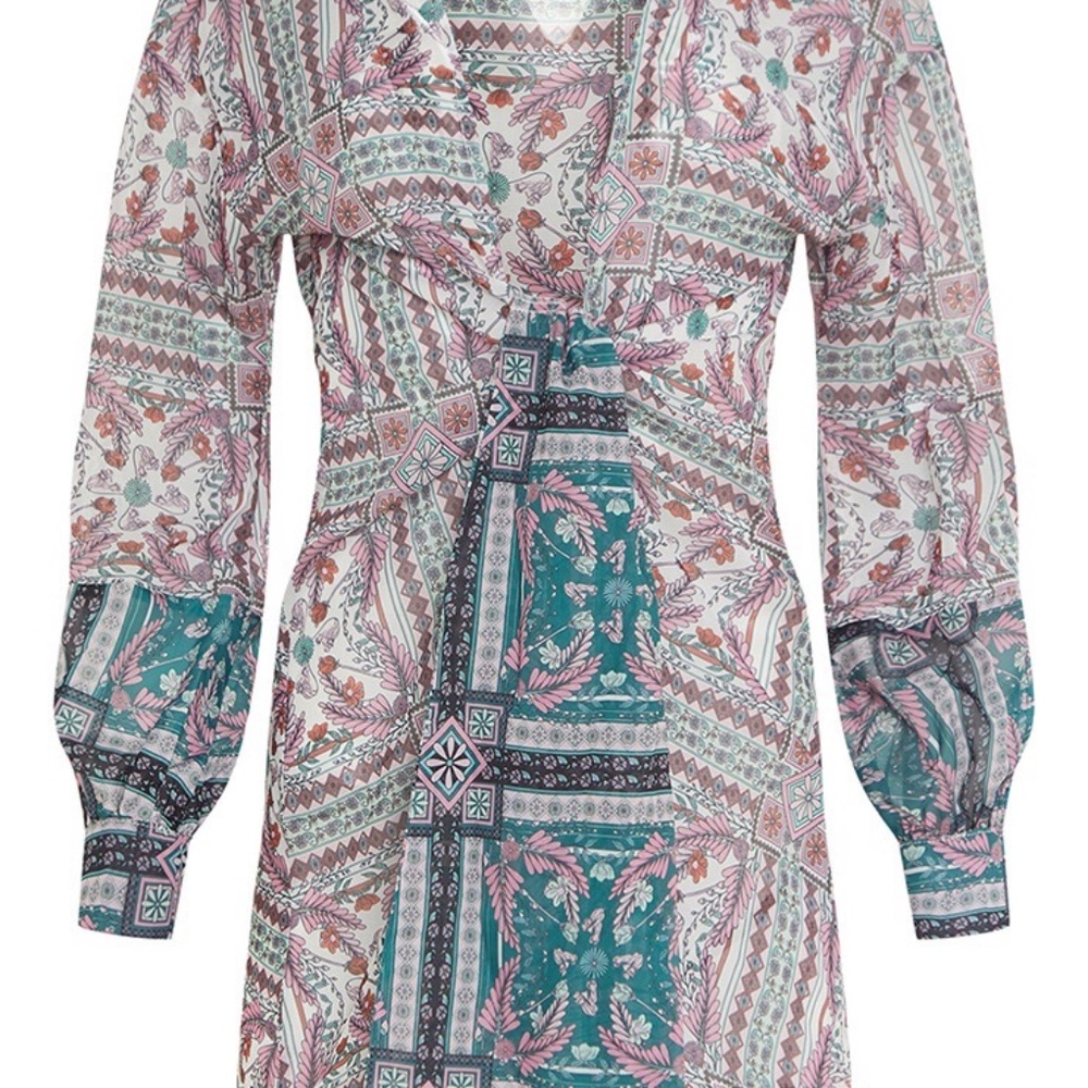 Pretty Little Thing Green Mosaic Tie Front Beach Shirt US 16 Brand New with Tags